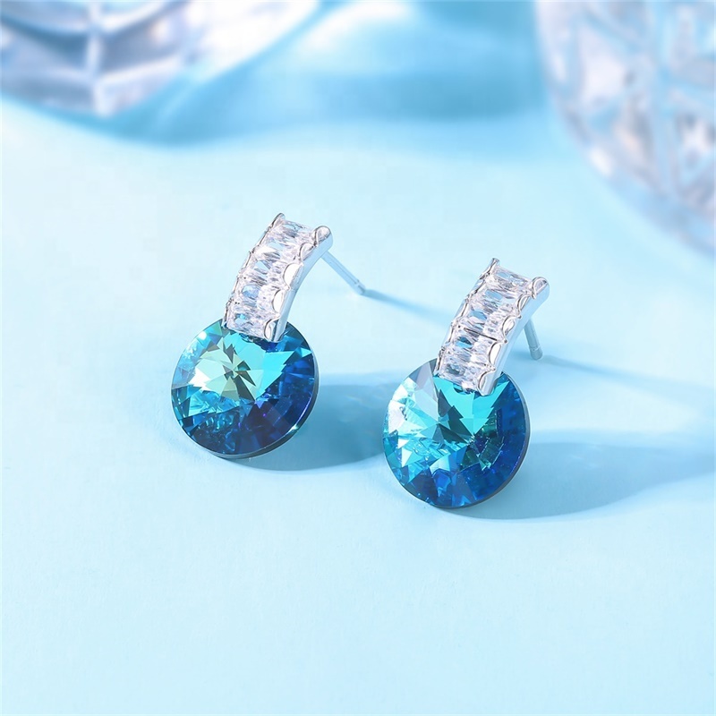 Swarovski Taşlı Mavi Yuvarlak Küpe (Altın Kaplama) - E0763
